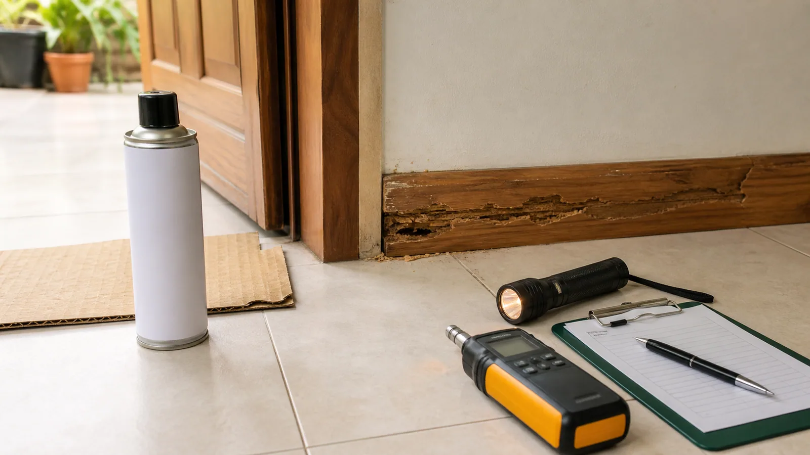 Peralatan DIY dan alat pemeriksaan profesional di hadapan kayu yang rosak