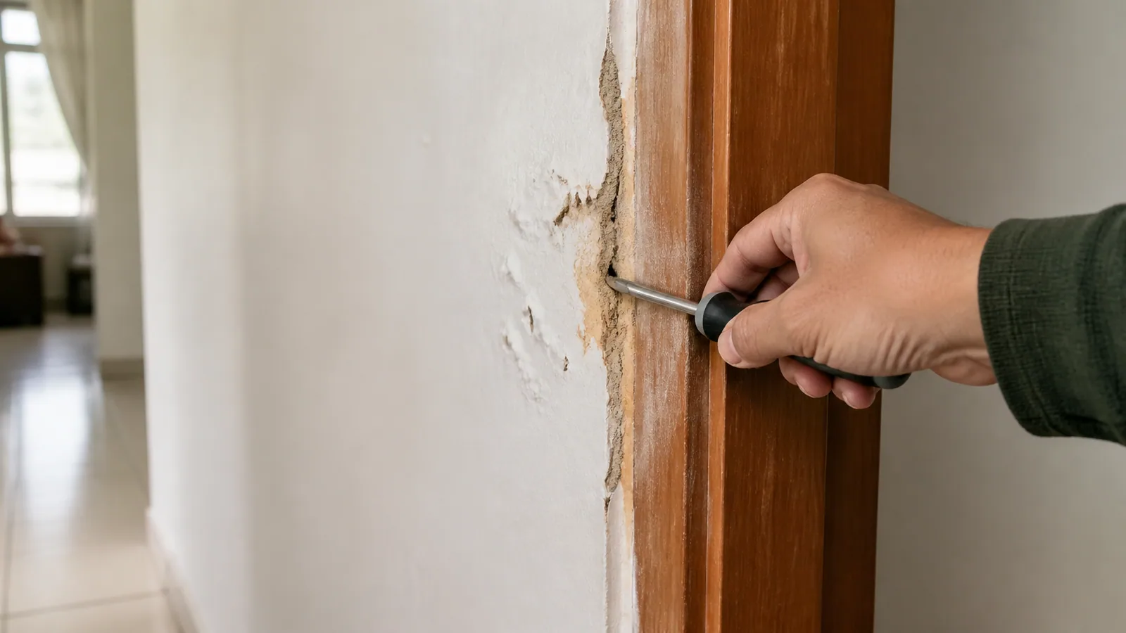 Tangan memeriksa kerosakan pada bingkai pintu kayu di dalam rumah